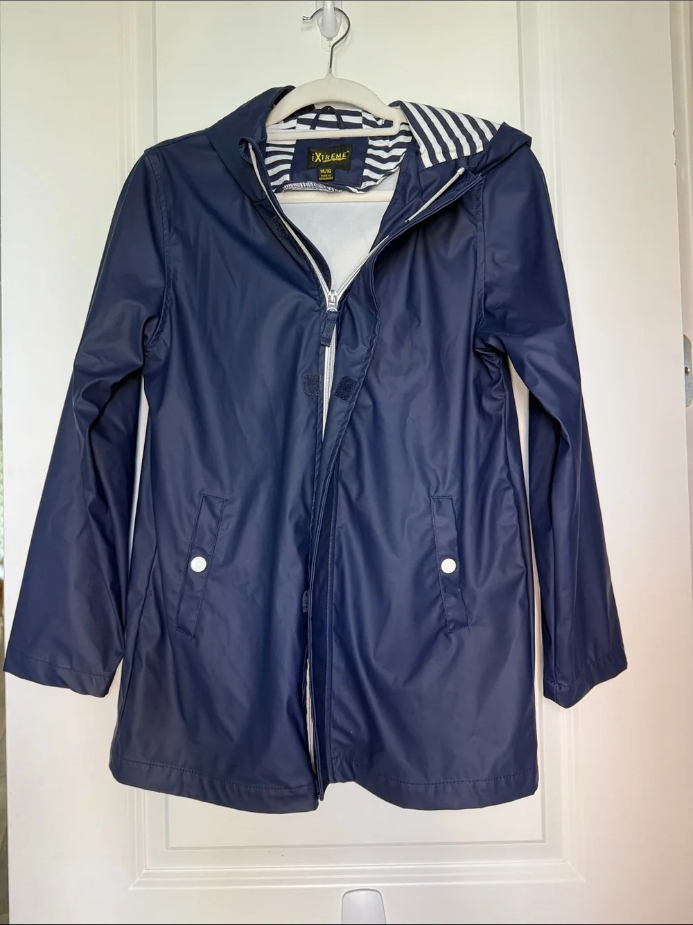 Kids Navy Hooded Raincoat with Striped Lining